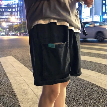 

2019 Summer New Korean Version Of The Trend Harajuku Boys Wild Elastic Band Loose Straight Large Pocket CasualDenim Shorts S-2XL