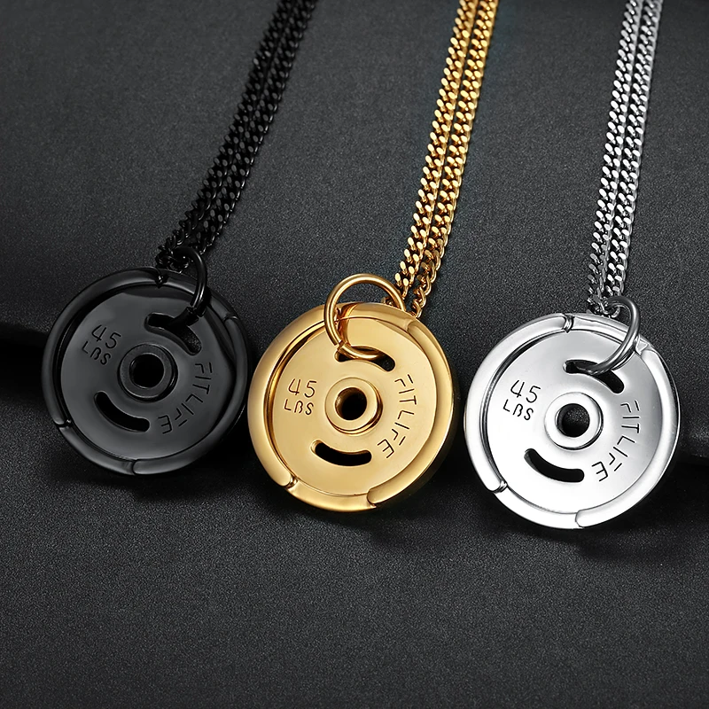 

Titanium steel gym life round disc weight plates necklaces men jewelry 316 Stainless Steel dumbell 45lbs fitting life necklaces