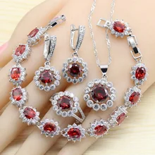 Красный полудрагоценный 925 Серебряный набор украшений для женщин браслет серьги ожерелье кулон кольца свадебные ювелирные изделия Подарочная коробка
