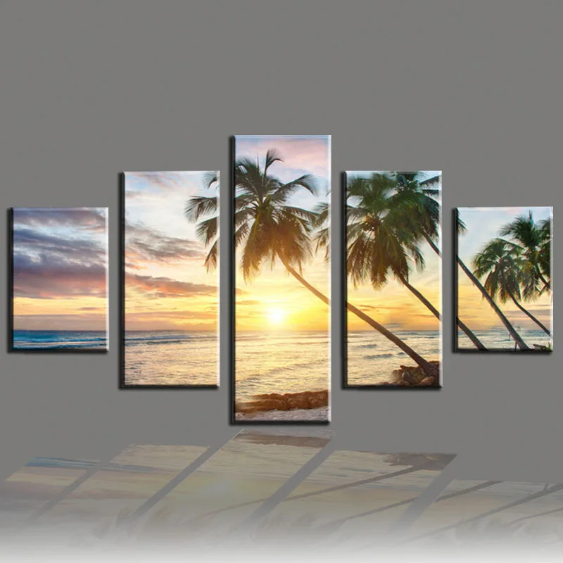 

5 Panel Canvas Printings Modern Spray Painting Sea Cuadros Picture Seascape Beach Tree Canvas Art For Living Room Unframed