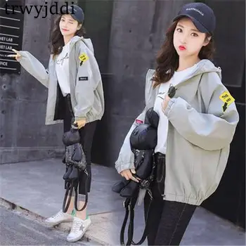

2020 Women's Spring Autumn Coats New College Wind Loose Chic Windbreaker Jacket Girls Hooded Outerwear N363