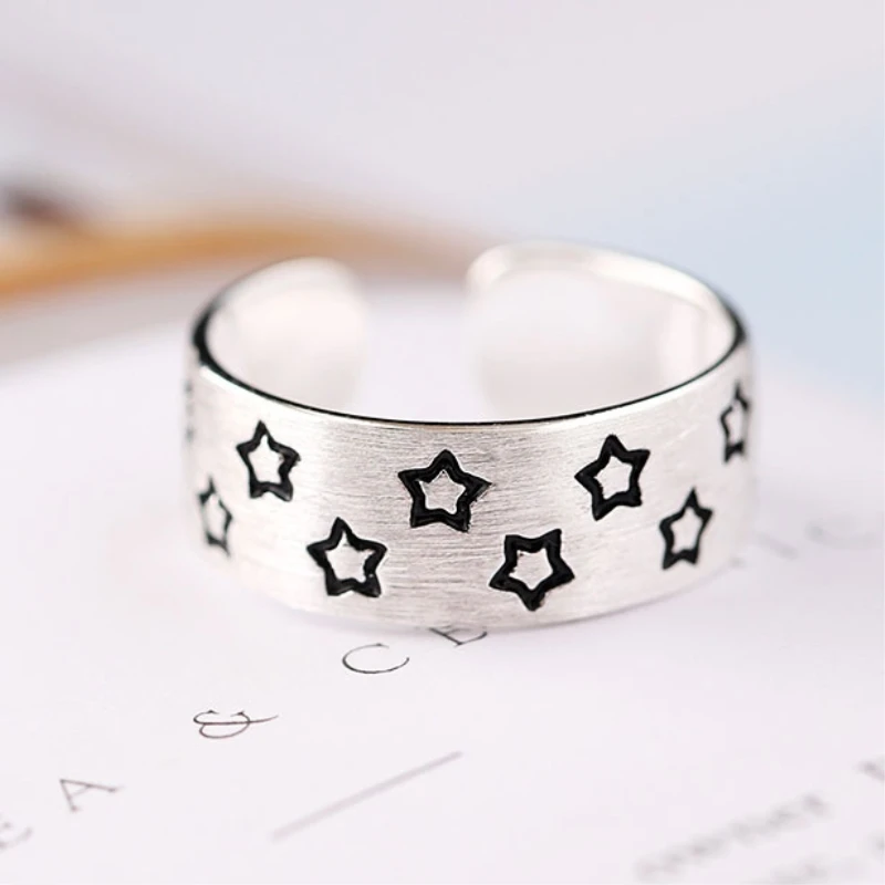 Dibujo de Estrella de Plata de Ley 925 para mujer, temperamento dulce, personalidad salvaje fresca, anillos de apertura de tamaño variable, SRI143