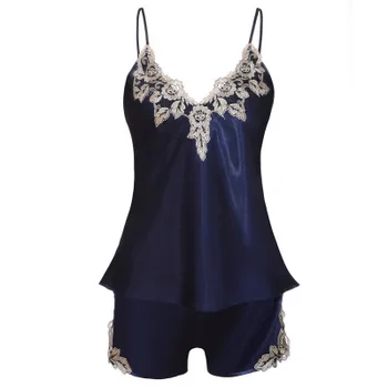 

Women Sleeping Wear Summer Satin Sleep Set Embroidered Deep V-neck Sexy Spaghetti Strap Cami Top And Shorts Pajama Set Sleepwear