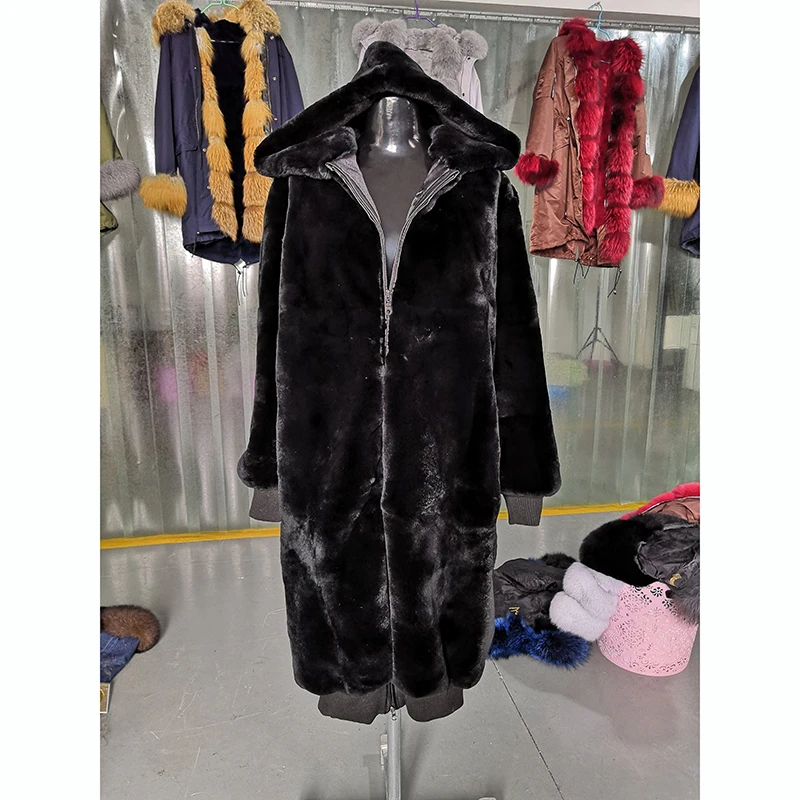 FURSARCAR Luxury Fashion Warm Loose Rex Rabbit Fur Coat Rex Rabbit Fur Coat With Hood Winter Natural Fur Jacke For Women
