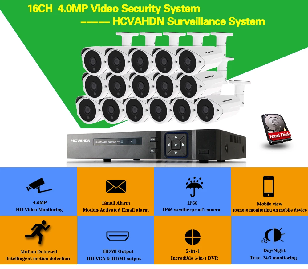 HCVAHDN HD домашняя система видеонаблюдения 16CH 5MP NVR 4MP AHD DVR HD CCTV 4.0mp AHD камера домашняя система безопасности Max 6 ТБ HDD наружные комплекты