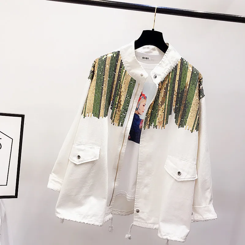 Best  2019 Fashion Sparkle Striped Sequins Denim Jacket Women's Army Green Camouflage Jacket Sequined Lon