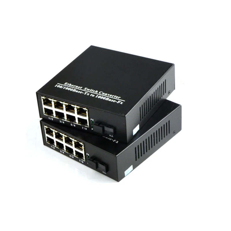 1 пара 1 SC интерфейс и 8 портов RJ45 ethernet swltch конвертер 1000 м одного волокна 20 км волоконно-оптический приемник