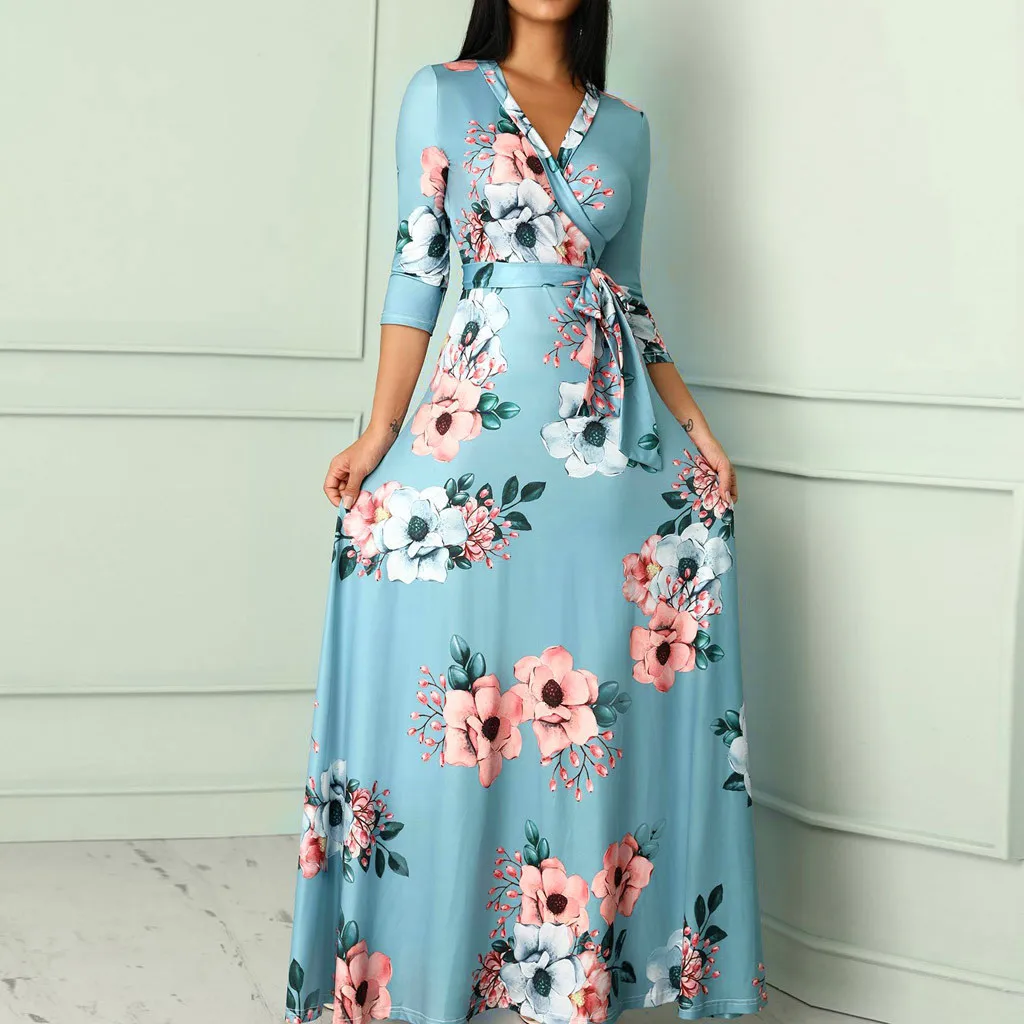

Women's Fashion Summer Long Maxi Dress Casual V Neck 3/4 Sleeve Slim fit Floral Printed Long Party Wedding Guest Women Dress