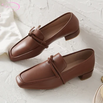 

Chinese casual style comfortable round toe natural leather pump fashion bowknot slip-on beige brown low-heeled women's shoes