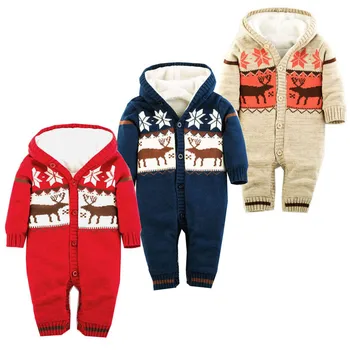 

Newborn Baby Warm Romper Winter Thick Knitted Hooded Rompers Newborn Boys Girls Jumpsuit Christmas Deer Outwear Infantil Bebes