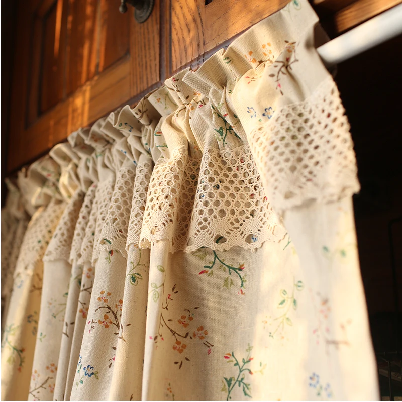 

Country Style Cotton Linen Half Curtain Beige Crochet Lace Edge Flower Cafe Curtain Short Panel Valance for Kitchen Home Decor