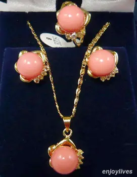 

Pink Coral Yellow Crystal Pendant Necklace Ring Earrings Set Quartz Fine Plated Bridal wide watch wings queen