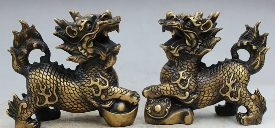 

S3259 Chinese Bronze Buddhist Guardian YuanBao RuYi Dragon Kylin Unicorn Statue Pair D0317