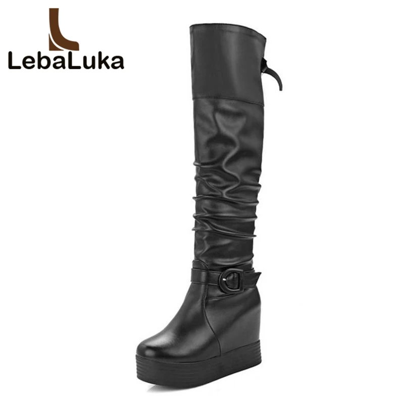 Tuyoki Women Winter Wedge Boots Thick Bottom Fur Inside Heel Shoes Fashion Buckle Lace Up Thigh High Size 32-43 | Обувь