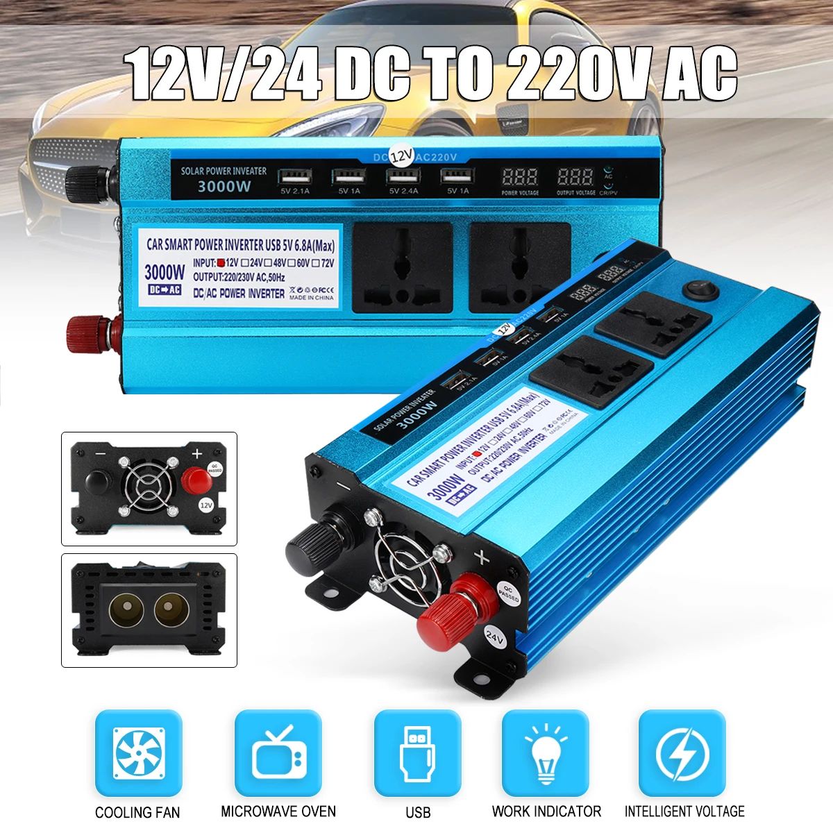 

Voltage Transformer USB Converter Solar Power Inverter Car LED Peak 3000W DC 12/ 24V to AC 220V Sine Wave Digital Display