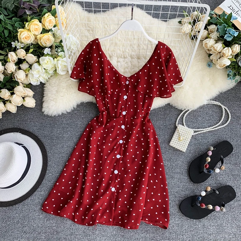 

2019 new fashion women's dresses France Cool Chiffon Love Ruffle Slope Shoulder Short Sleeve Thin Dress