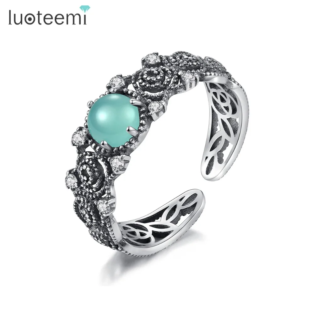 

LUOTEEMI Creative 925 Silver Sterling Green Stone Open Rings for Women Party Paved Cubic Zircon Resizeble Vintage Rings Jewelry