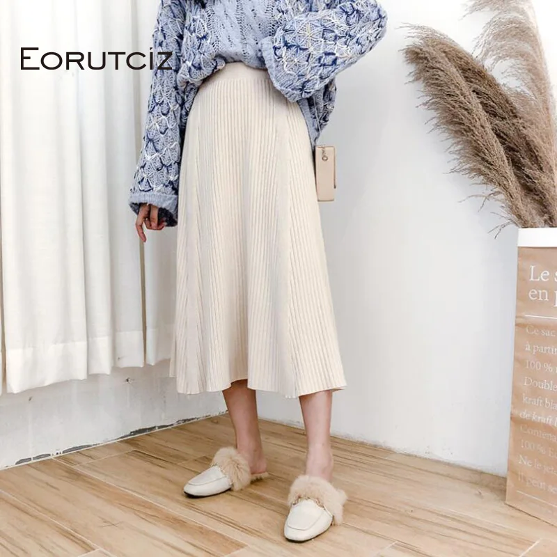 

EORUTCIZ Spring Knitted Pleated Skirt Women Midi Tutu Skirt High Waist Vintage Autumn Elastic Black Skirts LM321