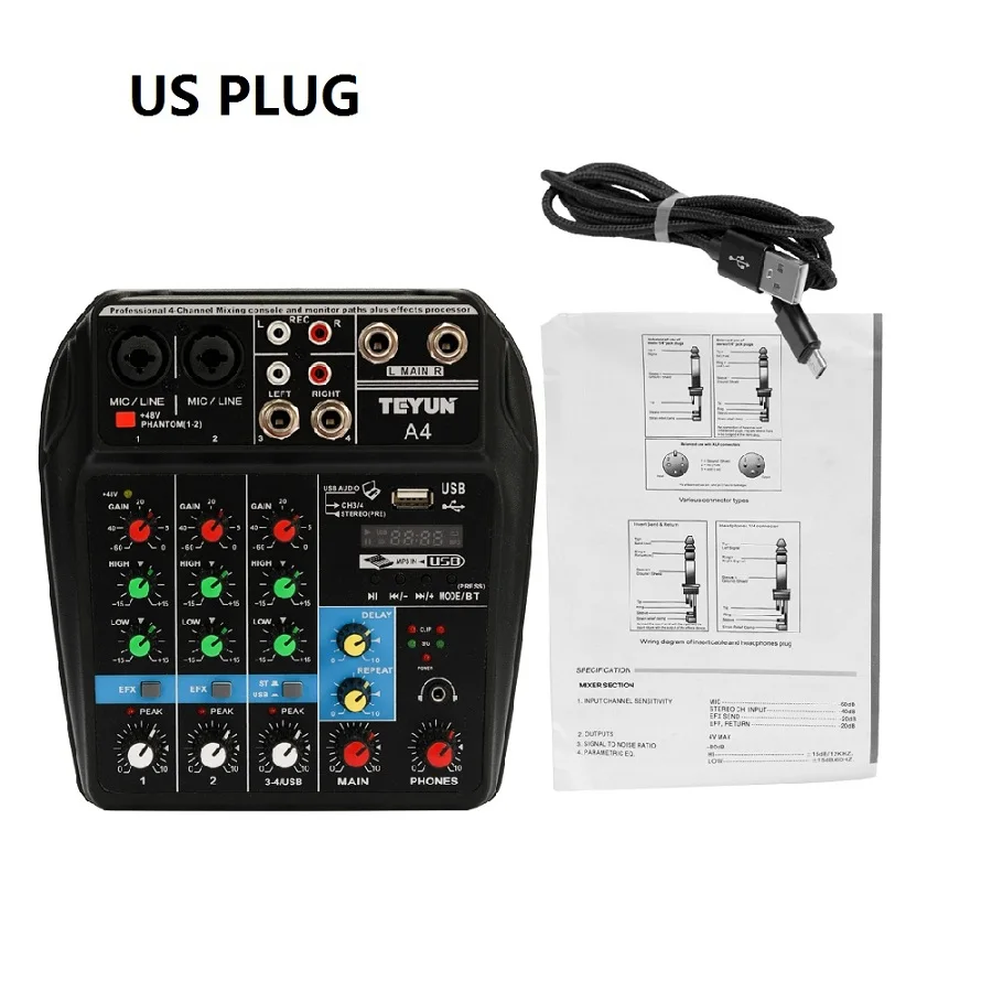 US PLUG TU04 BT микшерный пульт записи 48 В Phantom power Monitor AUX Paths Plus Effects 4 канала аудио микшер с USB - Цвет: US PLUG
