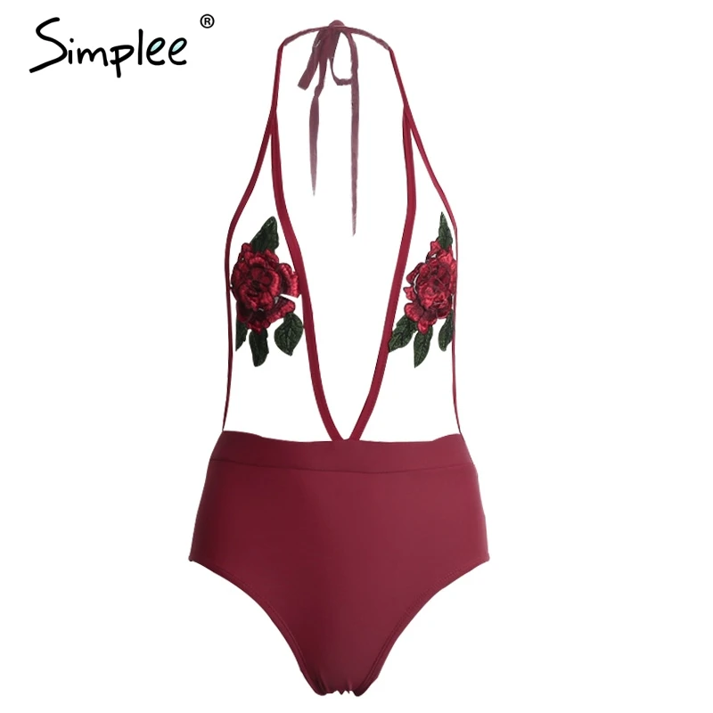 Simplee Sexy deep v neck embroidery swimwear Halter backless mesh