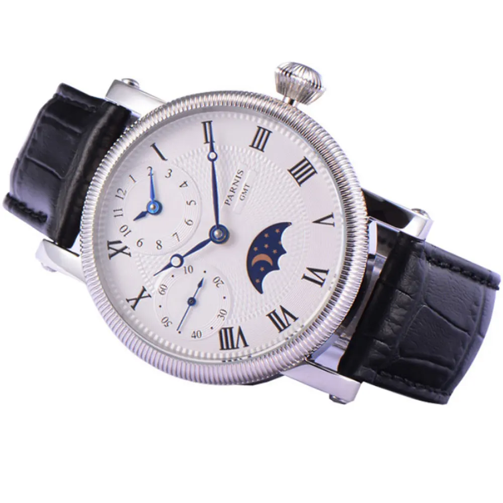 42 мм Мужские часы PARNIS Blue Hands GMT Moon Phase - Цвет: 3