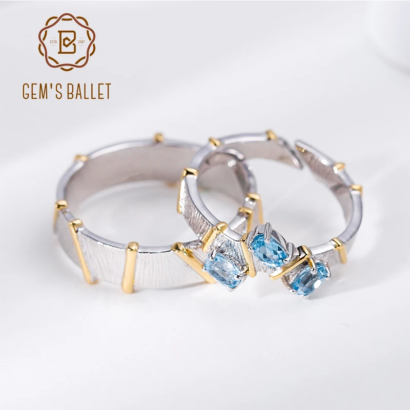 

GEM'S BALLET Natural Swiss Blue Topaz Cross Couple Rings 925 Sterling Silver Handmade Adjustable Open Ring For Women Engagement