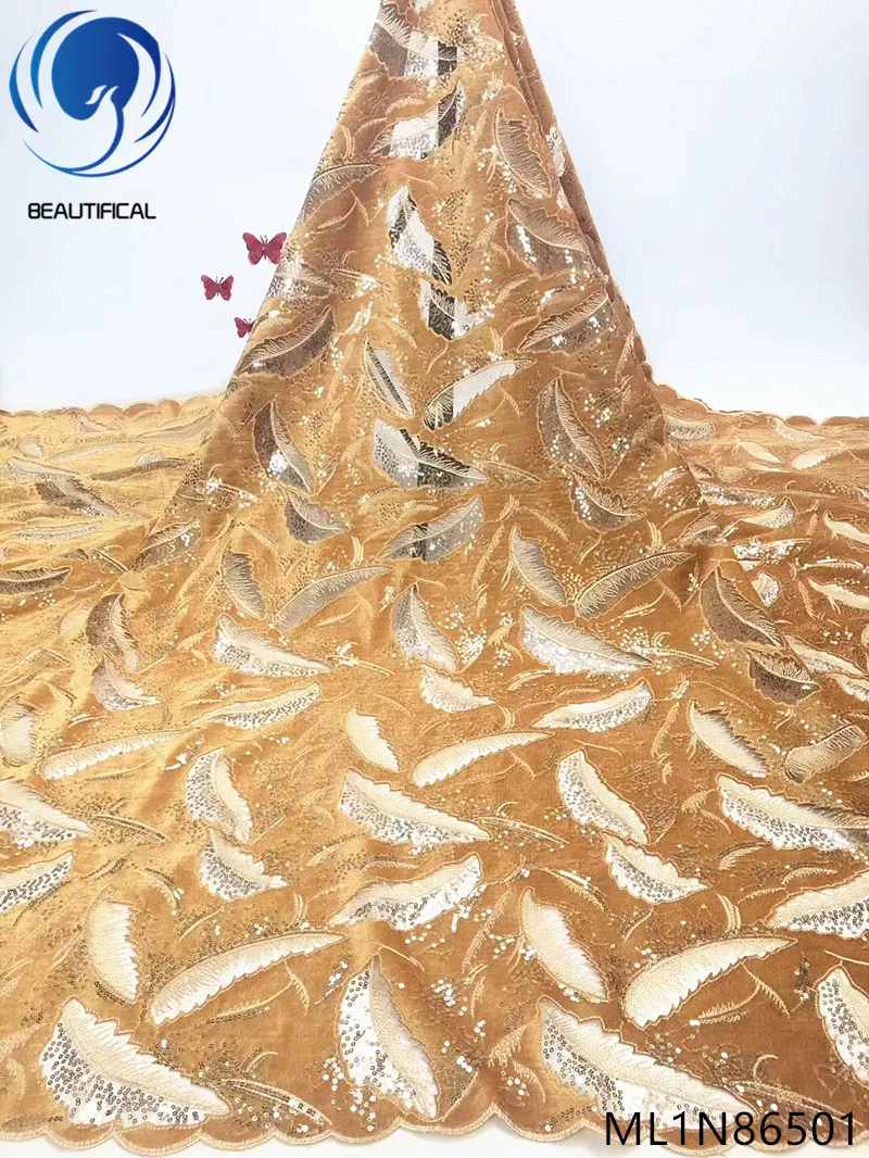 

BEAUTIFICAL african lace fabrics 2019 New feather design tulle lace mix Flannel fabrics 5yards lace sequins fabrics ML1N865