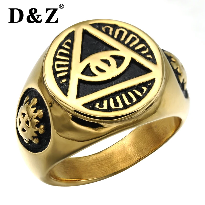 D&Z Trendy Gold Color Illuminati Pyramid Eye Ring 316L Titanium