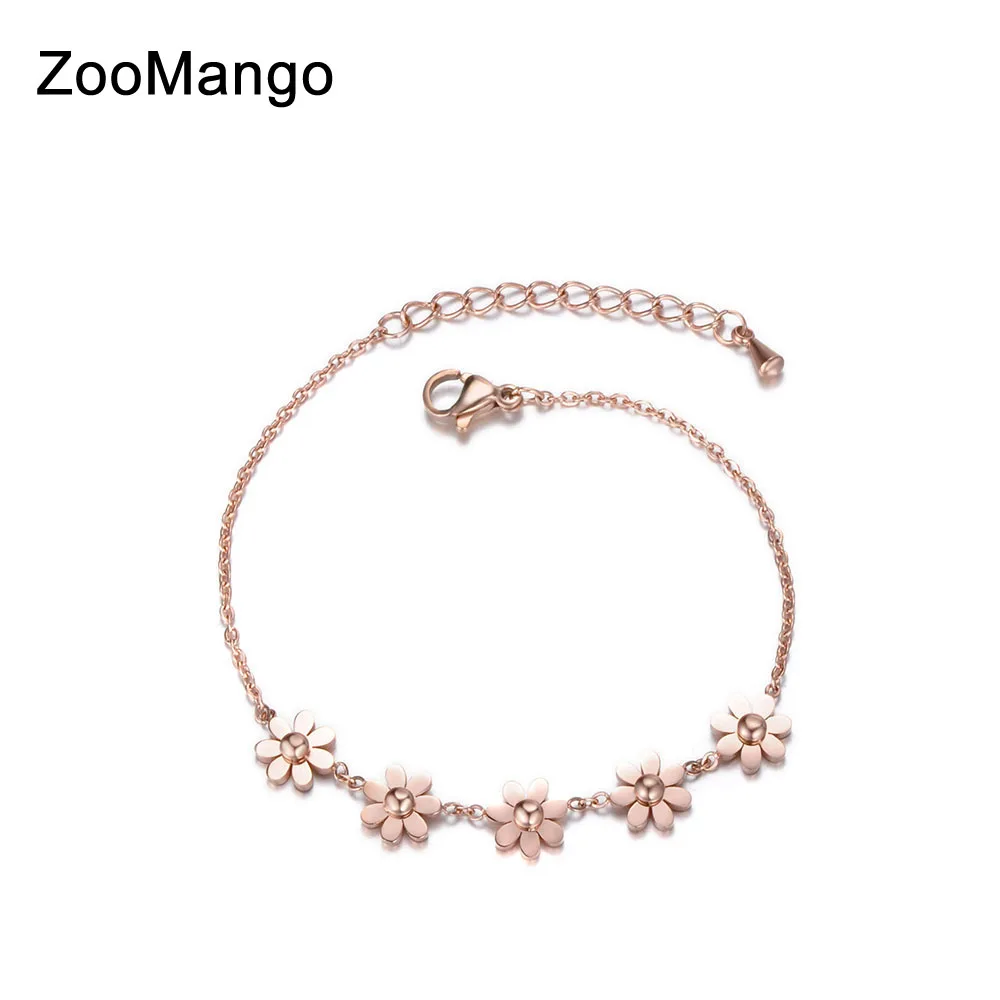 

ZooMango Trendy Titanium Steel Daisy Charm Bracelets Bangle For Women Girls Rose Gold Color Chain Link Bracelet Jewelry ZB17066