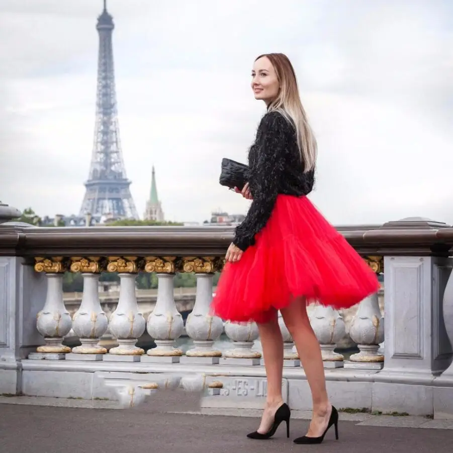Autumn Chic Bloody Red Color Puffy Tulle Skirts For Women To Christmas