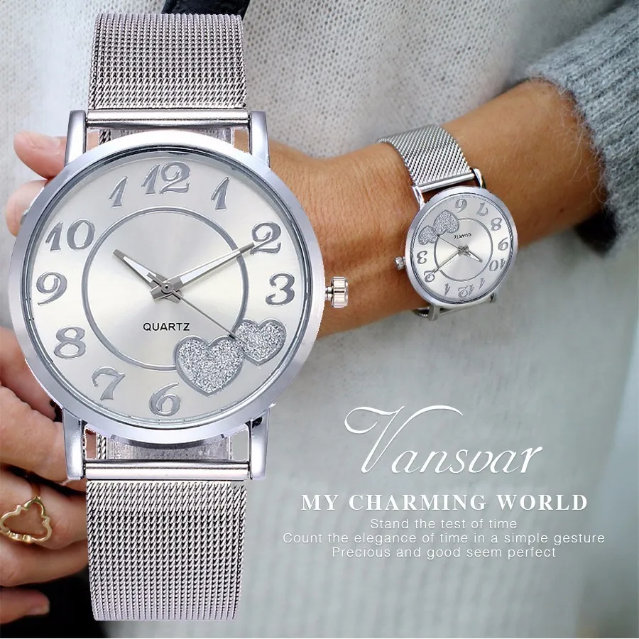 

Dropshipping Women Silver & Gold Mesh Love Heart Dial Wristwatches Fashion Casual Women's Steel Quartz Watches Relogio Feminino