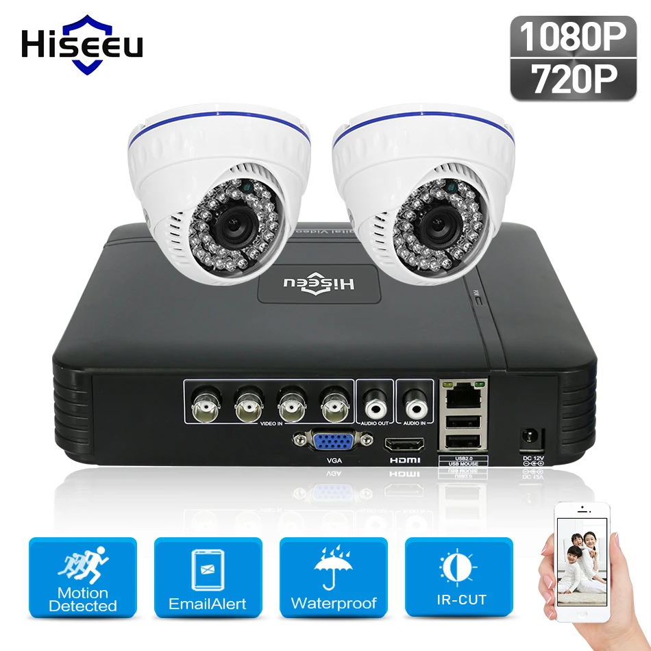 Hiseeu 4CH 1080N AHD DVR комплект видеонаблюдения Системы 2 шт. 720 P 1080 Купол Инфракрасная