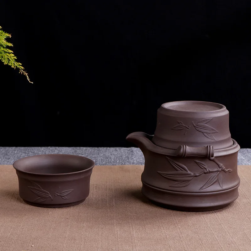 Креативный керамический фиолетовый набор для чая 1 чайник 2 чашки с 1 бамбуковым лотком 1 дорожная сумка для путешествий на открытом воздухе легкая переноска быстрая чашка для подарка
