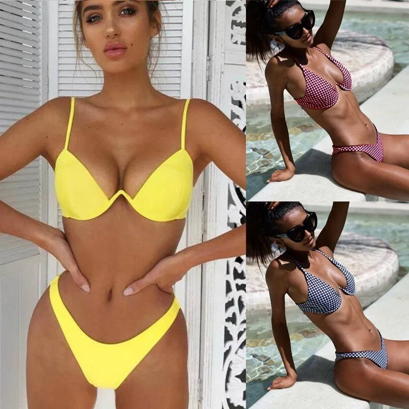 

Solid High Cut Bikinis Push Up Swimsuit Women Sexy Brazilian Triangle Swimwear Plaid Bathing Suit Female Low Waist Beachwear