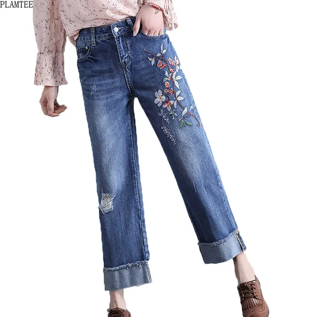 embroidered wide leg jeans for women 2017 ripped jeans feminina plus plus size wide leg jeans