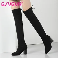 Esveva 2016 westlichen stil flock frauen stiefel overknee-stiefel Winter Platz High Heel Damen Schnüren Mode Stiefel Größe 34-43
