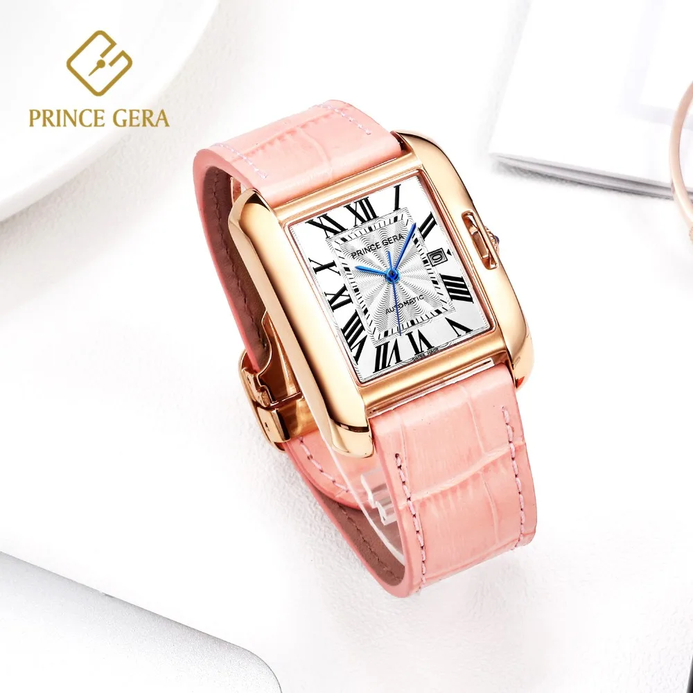 

PRINCE GERA Top Luxury Diamond Case Square Automatic Watch For Women Sapphire Glass Classic Fashion Women's Mechanical Watches