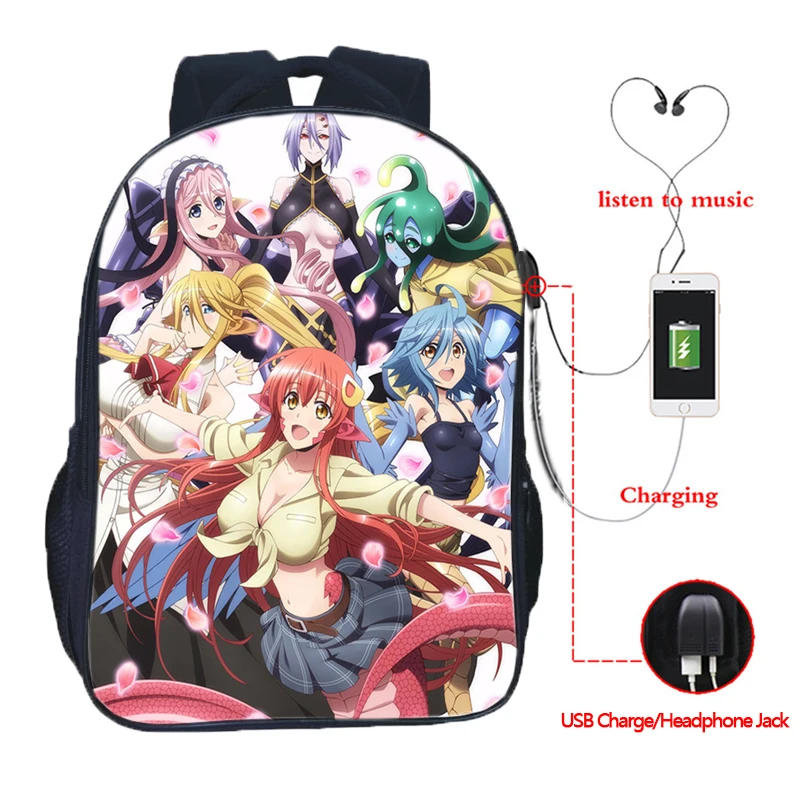 

Monster Musume No Iru Nichijou USB Charge Backpack Boys Girls Teenagers Printed Backpack Men Women Top Quality Backpack