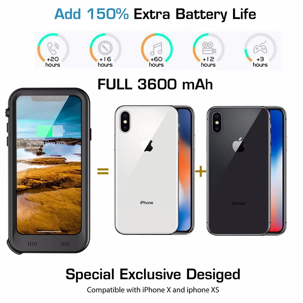Водонепроницаемый чехол для iPhone X/XS Ультратонкий с зарядным устройством 3600 мАч