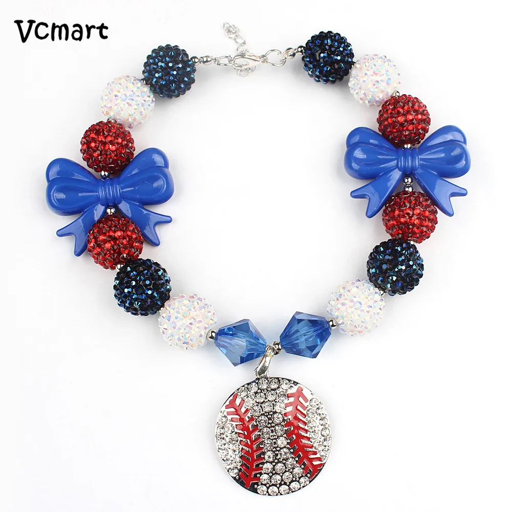 

Vcmart 2pcs Zinc Studded with BASEBALL Necklace 4th July Double Blue Bow Chunky Bubblegum Necklace Kids Jewlery