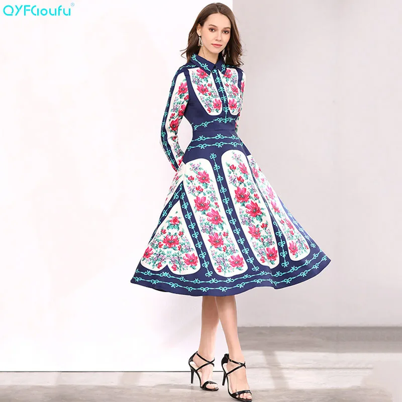 QYFCIOUFU Summer Runway Dress Women 2018 High Quality Floral Print Dress Fashion Casual Long Sleeve Dress Plus Size Clothes