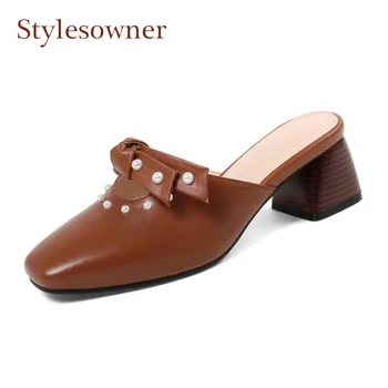 

2020 New Square Toe Chunky Heel Half Slippers for Spring Summer Pearl Decor Bowtie Slip On Women Solid Color Slide Casual Shoes