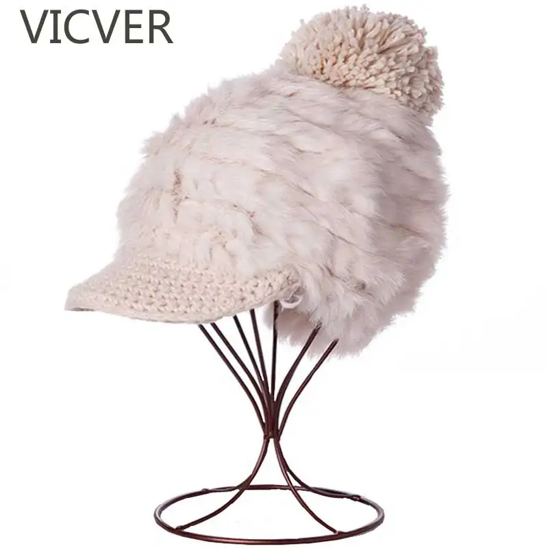 Зимняя вязаная шапка с козырьком, шапки из кроличьего меха, женские зимние вязаные шерстяные шапочки, шапка с помпоном, женская шапка, теплая шапочка-бини