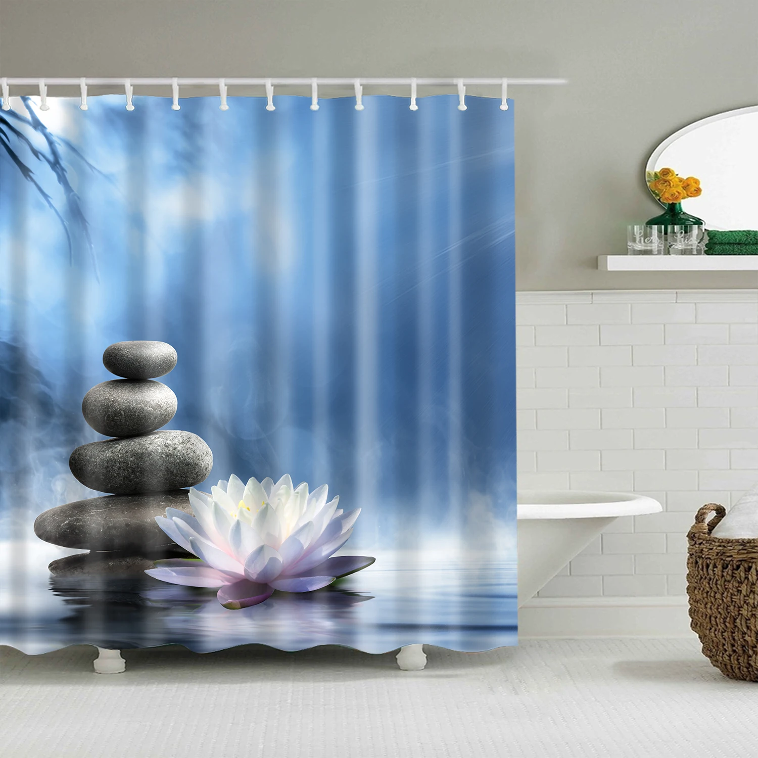 Black Shower Curtain Pink Flower Lotus Bath Curtains Buddhist