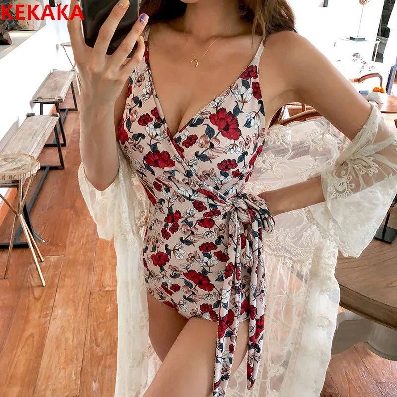 

KEKAKA Belt One Piece Swimsuit Floral Print Swimwear Women Push Up Monokini High Cut Trikini Rose Bathing Suit Pad Swim Suits