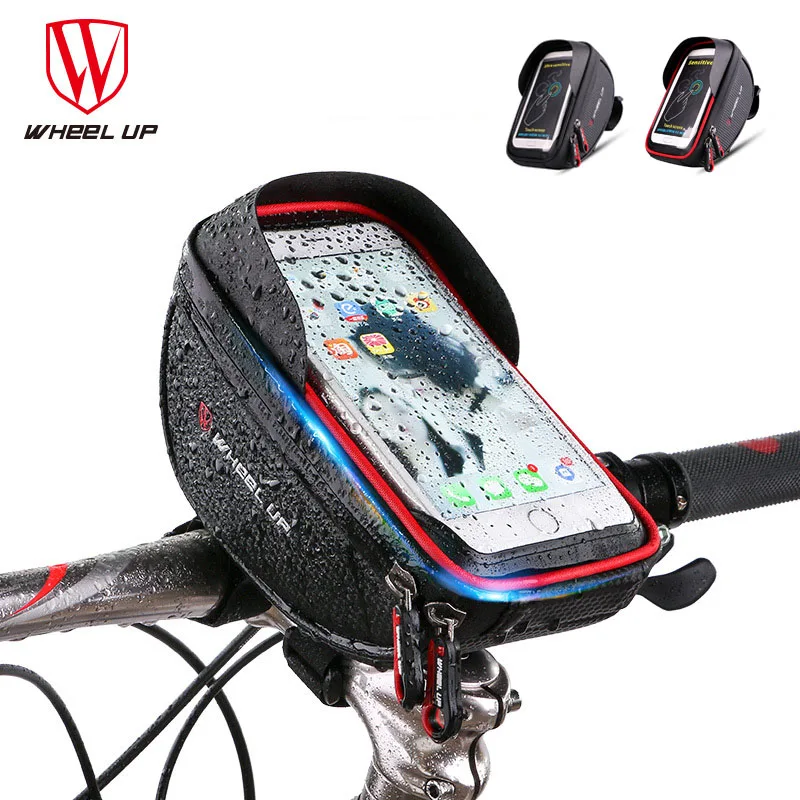 

Wheel Up Bike Front Bag Waterproof Bicycle Top Tube Frame Handlebar Bags Touch Screen 6 inch Phone Bag With Sun Visor Black Red
