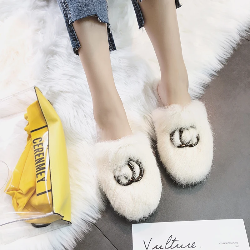 

Brand Designers Luxury Nature Rabbit Fur Women Slippers Round Toe Fur Slippers Spring Autumn Wholesale Ladies Furry Slides Mules