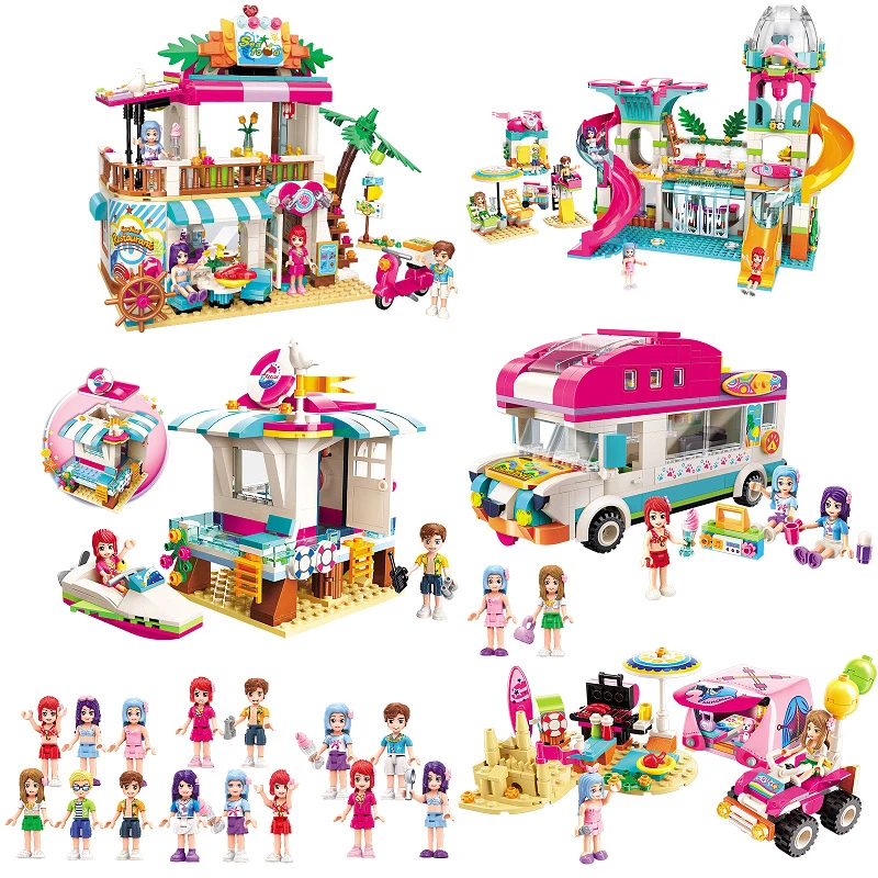

Girls Seaside Beach Slide Amusement Park House Party Dolphin Rescue Building Blocks Sets Bricks Legoes Friends Children Toy