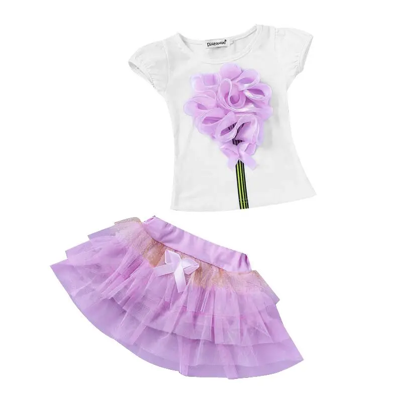 Летние комплекты одежды для детей Одежда для маленьких девочек костюм для детей, комплект одежды для девочек, спортивный костюм футболка+ юбка-пачка - Цвет: Light purple