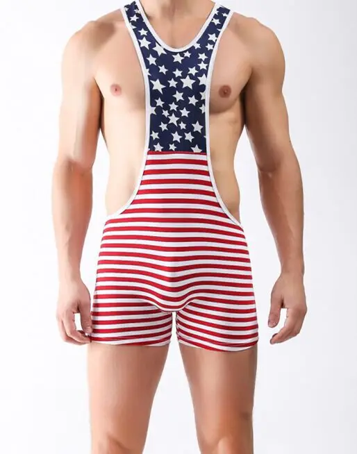 

Summer Style Men Bodysuit Hot Selling The American Flag Design Bodystocking Milk Fiber Leotard Mankini High Quality